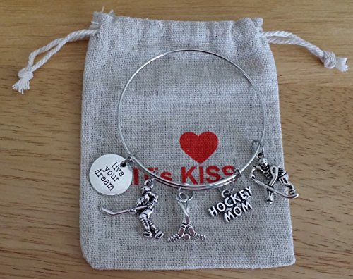 Image of Hockey Mom Bracelet, Hockey Bracelet, Hockey Jewelry, Hockey Stick Bracelet, Hockey Charm, Hockey Helmet Charm, Hockey Player Charm, Hockey Stick Charm, Gift for Hockey Fans, Hockey Bangle Bracelet