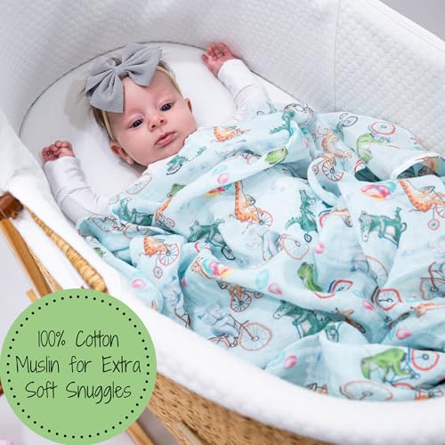 Image of LollyBanks Baby Blanket, 100% Cotton Muslin Swaddle for Baby Boys and Girls, Soft and Breathable 47 x 47 Inches Receiving Blanket, Lightweight Newborn Swaddle Blankets, Registry (Animal Bike Print)