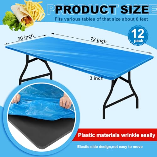 Image of Boao 12 Plastic Elastic Fitted Tablecloths, 6 Ft, 72 x 30 Inch, Blue