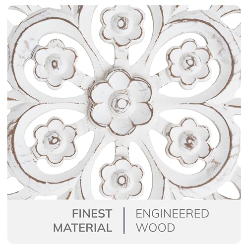 Image of JFY Designs Donna Hand Carved Wood Medallion Wall Panels Bedroom Decor | Wall Mount Floral Sculpture Wall Art for Living Room, Bedroom Set, White Distressed Finish, Round 24 x 24 inch