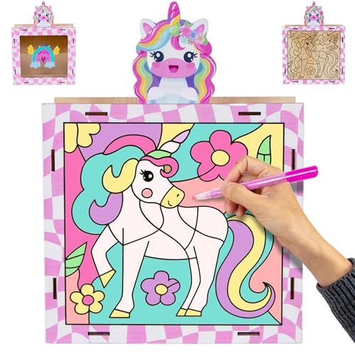Unicorn Pink Money Bank for Girls, Wooden Money Saving Box for Kids, Painting Various Goal Boards, Cute Personalized Wood Coin Bank with Counter, Creative Arts & Crafts Cash Vault for Toddler Gifts