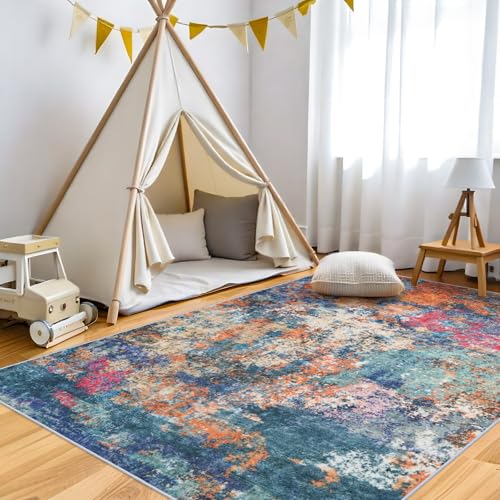 RUUGME 5X7 Washable Area Rug Colorful - Living Room Large Area Rug Indoor Farmhouse Stain Resistant Carpet for Bedroom Low Pile Non-Slip Machine Washable Distressed Mat Soft Decor 5x7 Colorful/Multi