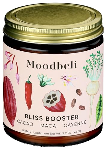 Moodbeli Bliss Booster Powder Supplement (50 Servings) with Organic Cacao, Maca & Cayenne Powder for Improved Metabolism & Digestive Support, Superfood Powder Blend, Sugar-Free, Vegan, 3.2Ounce