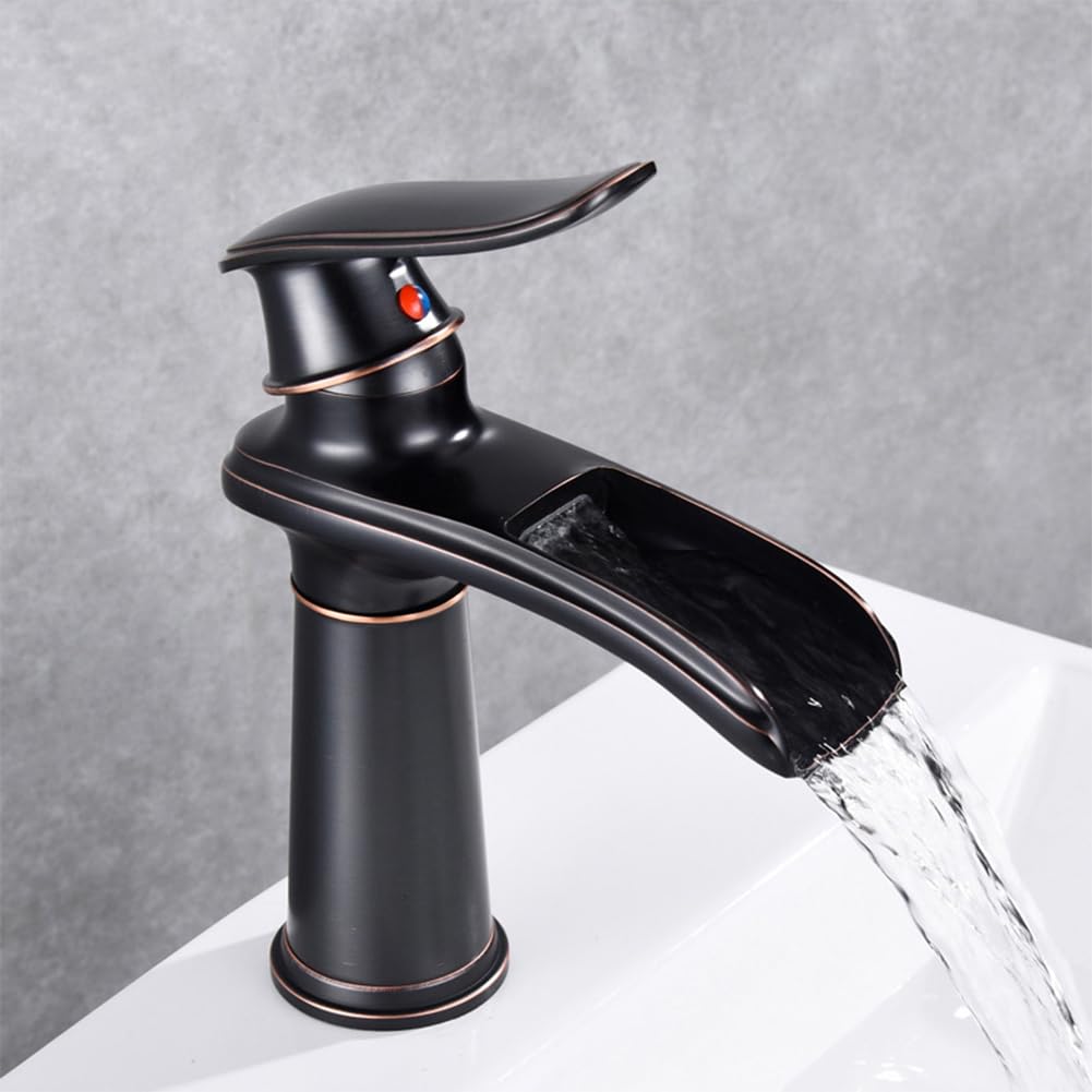 Rubinetto Lavabo Cascata Rubinetto Bagno, Anticato Vintage Stile Ottone Monocomando Miscelatore Bagno, Miscelatore Lavabo, Nero