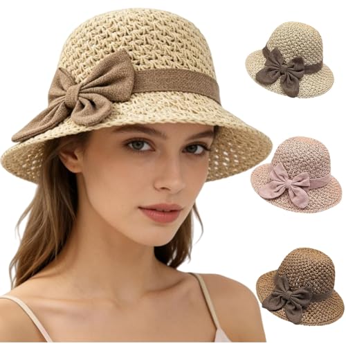 Sombrero de paja tejido para mujer con lazo y ala ancha