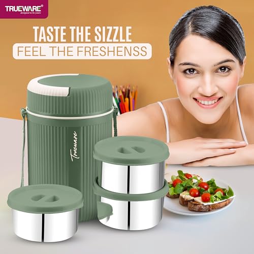 Image of Trueware Plastic Grub 3 Double Wall Insulated Hot Lunch Box with 3 Ss Container 300 Ml Each | Bpa Free | Food Grade | Hot and Fresh Many Hours, Green (LBI-GRB-003-Green BAZ)