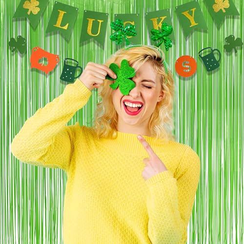 Image of Lime Green Streamers Party Backdrop - GREATRIL Tinsel Curtain for St Patrick's Day /Frog /Wizard - 3.2ft X 8.2ft - 2 Packs