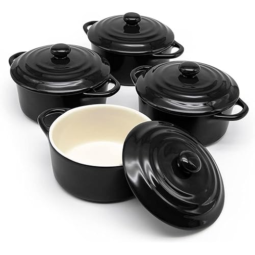 Kook Ceramic Mini Cocotte Set, Small Casserole Dishes with Lids and Handles, Individual Baking Ramekins, Oven, Microwave & Dishwasher Safe, Stoneware, 12 oz, Set of 4 (Black)