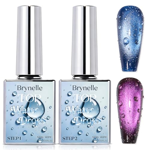 Brynelle 3D Water Drop Gel Top Coat Set (2 15ml) No Wipe Raindrop Bubble Effect Water Droplet Gel Nail Polish High Gloss Rain Drop UV LED Nail Gel Polish 2-Step DIY Manicure System