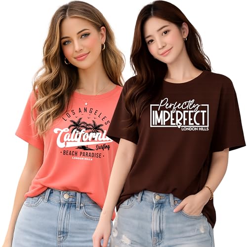 Image of London Hills Women's Loose Fit Printed Cotton T-Shirt Pack of 2 | Casual Round Neck Half Sleeve Graphic Tee | Breathable Summer Top for College, Travel & Outing