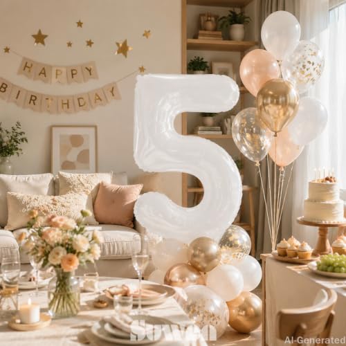 Image of SUWEN 40 Inch White Large 5 Balloon Number Big Foil Helium Numbers 0-9 | Giant Jumbo Happy 5th Birthday Party Decorations for Men or Women Huge Mylar Anniversary Party Supplies