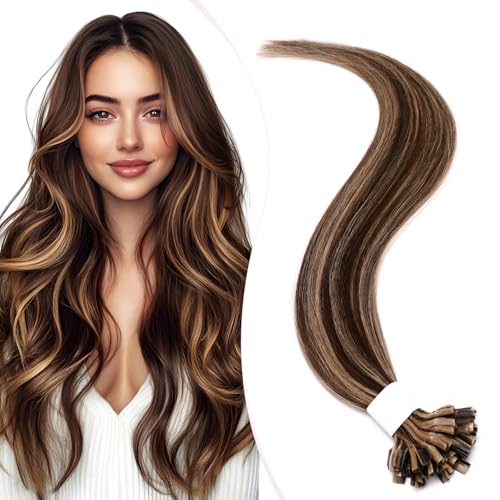 Elailite Extension Cheveux Naturel Keratine a Chaud Kératine Balayage #4+27 MARRON CHOCOLAT MECHE BLOND FONCE Rajout Cheveux Humain 25 Meches 20g 35cm
