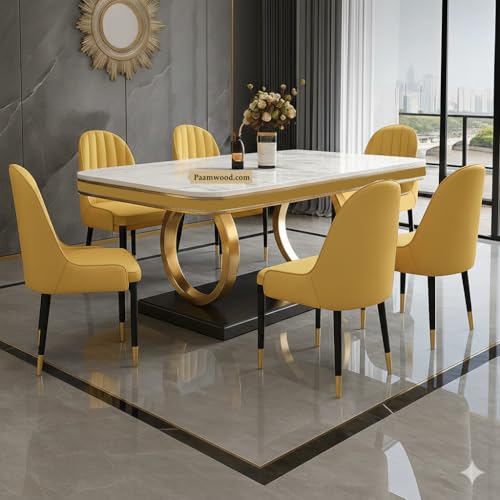 Image of 6-Seater Dining Table with Nano Composite Marble Top and PVC Golden Wooden Base |2yr Warranty - Includes 6 Fabric Upholstered Chairs (Yellow, White Marble Top)