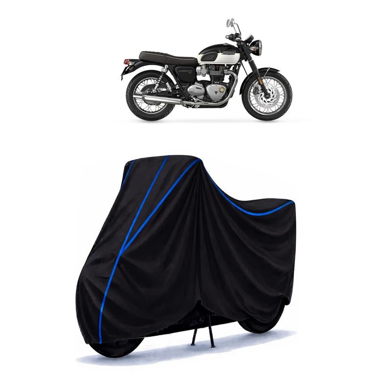Image of Triumph Bonneville T120 Black Bike Cover Water Resistant Universal Motorcycle Rain | Heavy Duty UV Protection, Dust, Scratch Indoor Outdoor All Weather with Black Blue Piping Elastic