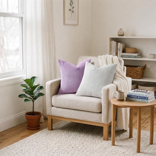 Image of Mecatny Corduroy Decorative Throw Pillow Covers 24x24 Set of 2 for Sofa Living Room, Soft Neutral Boho Couch Pillow Covers for Home Decor, Lilac
