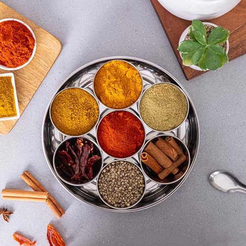 Image of Metallure Home Modern Stainless Steel Masala Box | Masala Dabba with 7 Containers and Spoon | Kitchen Spice Storage Container | Masala Dani (Spoon Included) | Handcrafted Aesthetic Design (White)