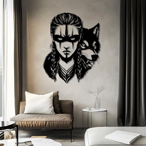 Grande Arte Astratta da Parete in Metallo con Guerriero Vichingo e Lupo, Decorazioni nordiche, Decorazioni Norvegesi con Mitologia (Nero, 105x86 cm/41'x34')