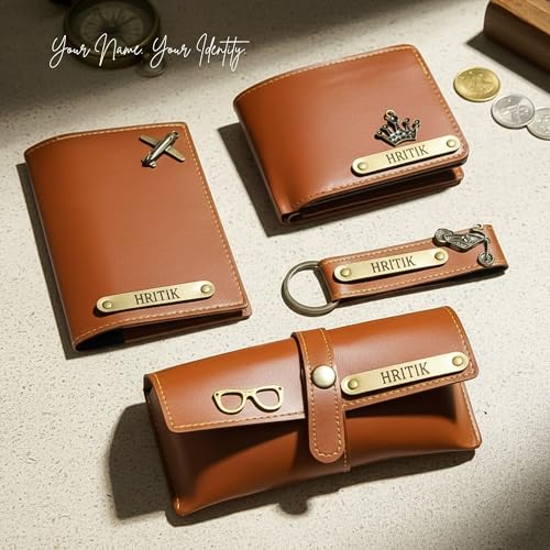 Image of Personalized Name & Charm Leather Wallet Mens Combo | Customized Birthday Farewell Retirement Combo Corporate Office Gift Set for Men Staff Employees Clients Colleagues Friend (Tan)
