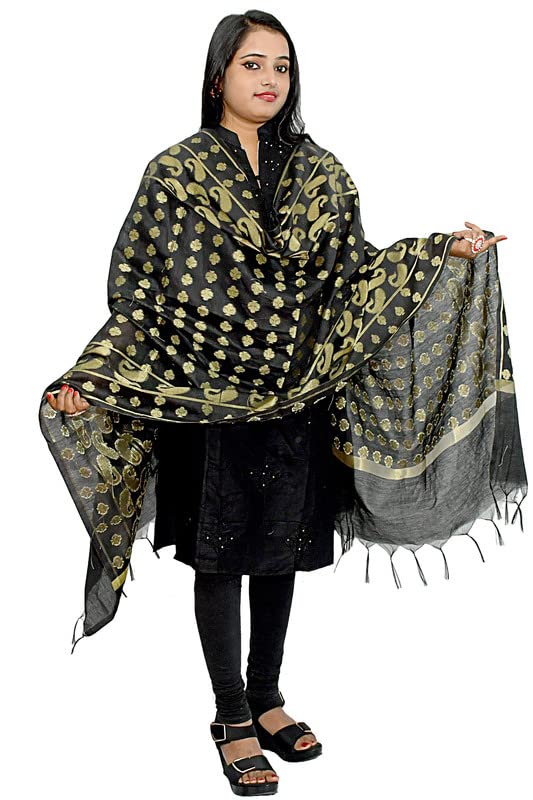 Women's Cotton Silk Zari Work Banarasi Dupatta indian shawls womens dress scarf black dupatta for women(017)3