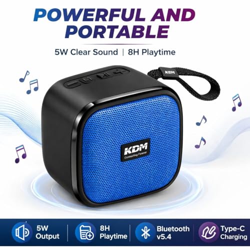 Image of KDM 30 DotCom Portable Bluetooth Speaker, 5W Clear Sound, 8H Playtime, TWS Pairing, FM Radio, Hanging Strap, USB /TF, Type-C Charging, Compact Design,Blue