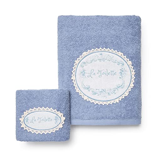 Juego de Toallas para el Rostro y los Invitados de Suave Rizo 100 % algodón, Decoradas con aplicación de Estilo Libre, en Tejido de Lino y Encaje | La Toilette de Anna Coleccionzioni (Azul)