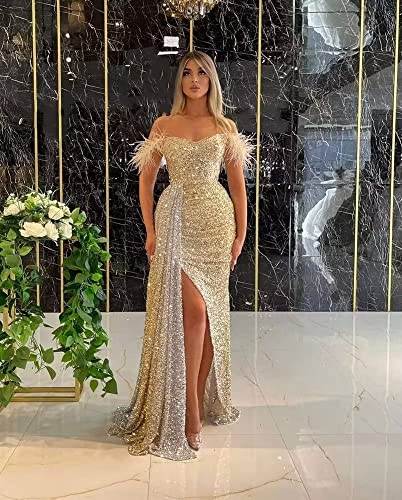 MuXiuFC Feather Sequin Prom Dresses 2023 Long Off Shoulder Formal Evening Party Bridesmaid Gown for Wedding with Slit2