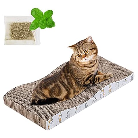 LALFPET Cat Scratch Pad with Catnip, Double-Sided Durable Design Scratch Pad for Cats Cardboard Cat Scratching Pad Cat Scratcher Pad Wave Shape White cat pattern Cover