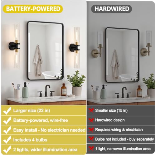 Image of Battery Operated Wall Sconces Set of Two, Black and Gold Wall Light fixtures with Wireless Remote Control,Rechargeable Dimmable Wall Sconces with 3000K Bulbs for Bathroom Mirror Living Room Bedroom