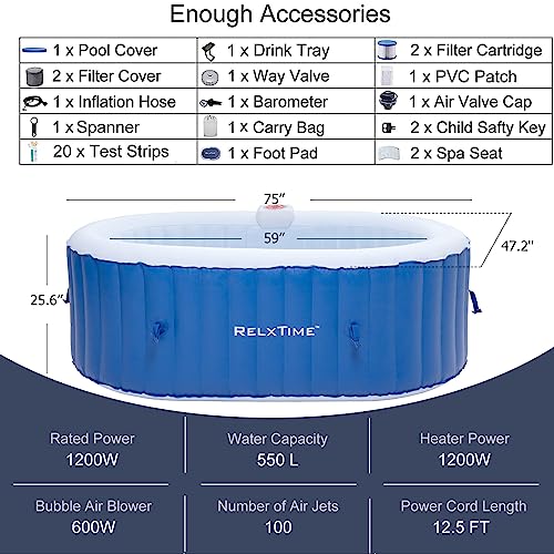 Relxtime Inflatable Portable Hot Tub 2 Person Outdoor Air Jet Spa Oval Blow Up Hottubs With 100 Bubble Jets And Built In Heater Pump, Side Table, 2 Non-Slip Spa Seat, 2 Filter Cartridge #TOP2