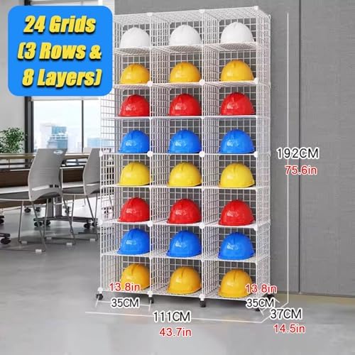 Stackable Safety Helmet Storage Boxes with Wheels - Adjustable Hard Hat Organizer Rack for Construction Sites, Workshops, Retail Stores - White Iron Wire Frame, 32 Grids