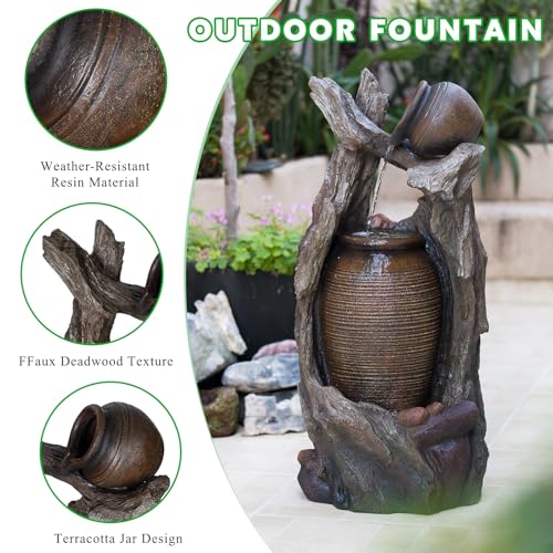Image of Tree Root Pot Outdoor Water Fountain, Resin with LED, 39.4 in