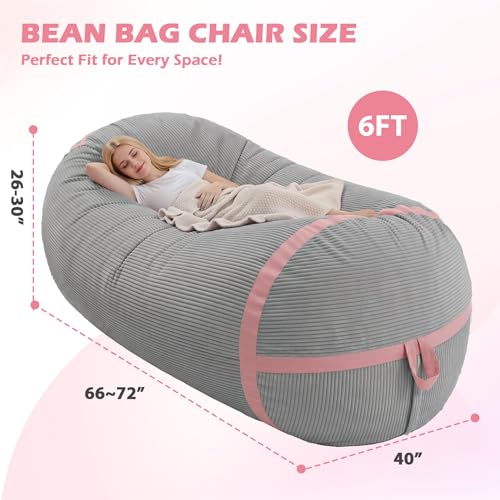 Image of 6FT Bean Bag Chair 6'Giant Bean Bag Chairs with Adults, Large Beanbag Chair | Bean bag Lounger with Machine Washable Cover Corduroy Fabric, Comfy Chairs for Living Room Bedroom Dorm, Lightgrey with Pink