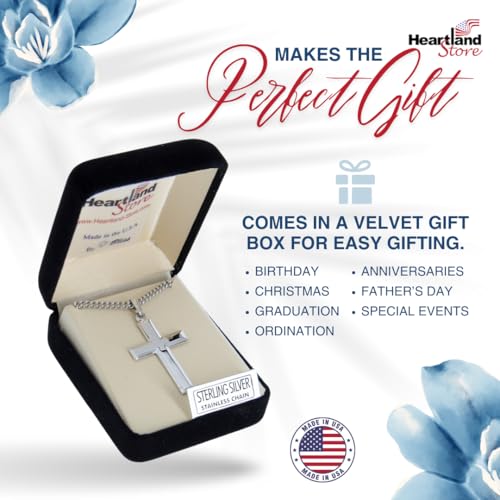 Heartland Store Sterling Silver Men's Cross Necklace - Made in USA, High Polish Pendant for Daily Wear and Meaningful Religious Present for Holidays and Special Occasions with Various Chain Sizes2