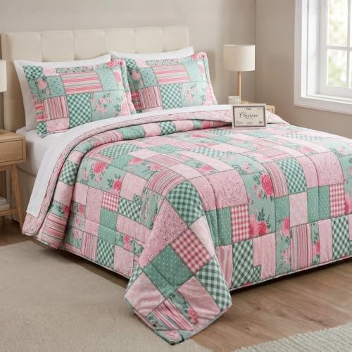 Edredom Casal Charme Floral Patch 100% Poliéster Percal Premium Pré Lavado 2,20x2,40m Macio Confortável Aconchegante Para Inverno Cama Casal Colcha Decorativa Qualidade Premium