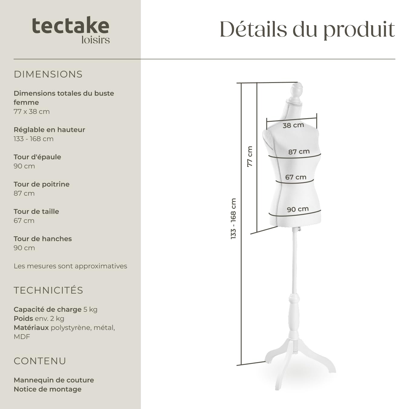 tectake® Mannequin Couture Femme Buste Mannequin Femme Réglable en Hauteur 133 cm à 168 cm, Formes vestimentaires de Couture, Mode, Mercerie, Décoration Vitrine Chambre - Blanc