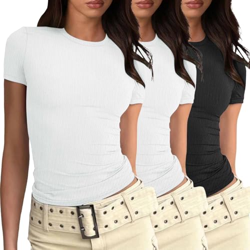 T-shirt basique col rond en lot de 3 pour look streetwear d'été ado et femme