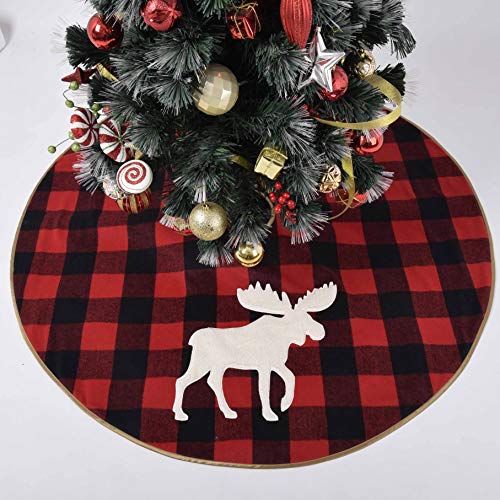 Gireshome Buffalo Check Plaid,Yarn-Dyed Style with White Sherpa Reindeer Applique Embroidery,Reverse to Ploar Fleece Christmas Tree Skirt -48inch