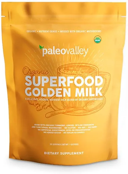 Paleovalley Organic Superfood Golden Milk - Immune, Focus, Cognitive, Longevity - Turmeric, MCT-Rich Coconut Milk, Functional Mushrooms, 28 Servings