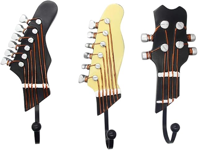 KUNGYO Vintage Guitar Shaped Decorative Hooks Rack Wall Coat Racks Hangers for Hanging Clothes Coats Towels Keys Hats Metal Resin Hooks Wall Mounted Heavy Duty (3-Pack)