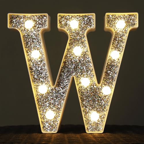 Image of Light Up Letters, Marquee Light Letter for Table Decorations, Glitter Light Up Signs for Prom, Events, or Engagement Party Decor, Featuring Alphabet & Number Lighted Letters, Letter W
