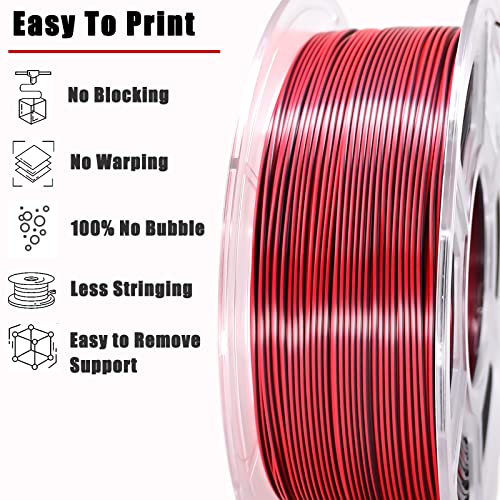 Image of PLA Filament 1.75mm, Silk PLA 3D Printer Filament, High Speed Printing Dual Color Filament Black Red 2 in 1 Coextrusion 1.75 PLA Filament + /-0.02mm, 1kg /2.2lb