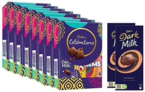 Image of Cadbury Celebrations Assorted Chocolate Gift Pack, 62.2 g- Pack of 8 & Dark Milk Chocolate Bar, 156g- Pack of 2