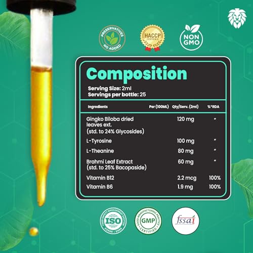 Image of Healeo Brain Fuel Drops for Memory & Focus with Ginkgo Biloba, Brahmi, L-theanine | Nootropic Brain Booster Supplement - 50ml