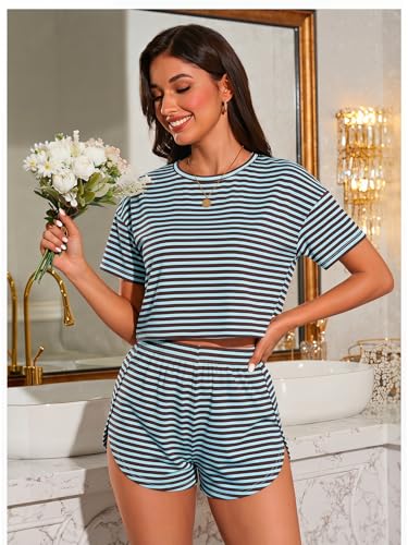 Image of OYOANGLE Womens Pajama Sets 2 Piece Sexy Lounge Sets Summer Cute Pjs Striped Print Tee and Side Split Shorts Set