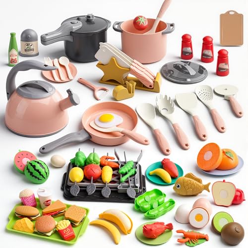 Image of Zero Zoo 105Pcs Kids Kitchen Toy Accessories, Toddler Pretend BBQ Camping Cooking Playset, Play Pots, Pans, Utensils Cookware Toys, Play Food Set, Vegetables, Learning Gift for Girls Boys