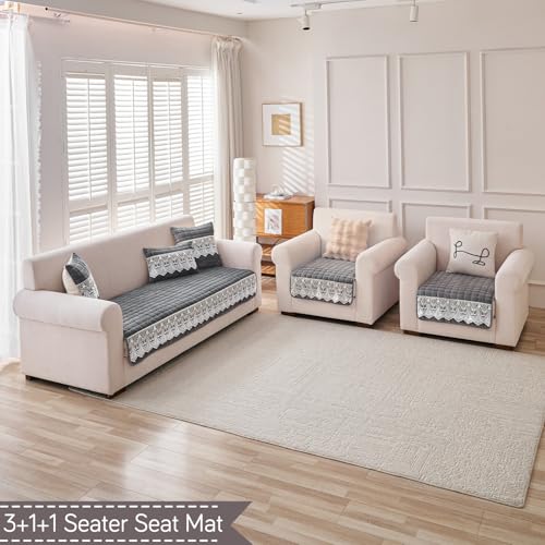 Image of HOKIPO 'BelleLace Series' 5 Seater Sofa Cover Mat in 3+1+1 Configuration | Imperial Milk Velvet with Lace Design | Porpoise Grey (AR-5966+5962 * 2-DGRY)