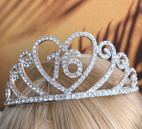 16th Silver Birthday Tiara and Sash Glitter Satin Sash and Crystal Rhinestone Tiara Crown for Happy 16th Birthday Party Supplies Favors Decorations 16th Birthday Party Accessories