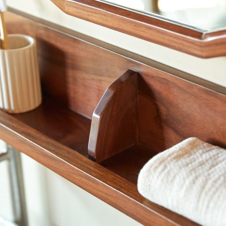 Image of 3 Years Warranty Sheesham Wood Wall Shelf for Bathroom & Living Room | Floating Wall Mounted Shelf with Back Panel & Section Divider Design | Long Display Rack for Toiletries Decor Plants| Rosewood