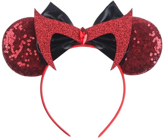 CLGIFT Costume Headwear, Minnie Ears, Burgundy, Handmade Evil Witch Minnie Ears with Red Sparkle and Sequin (Wanda)