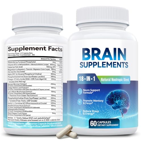 18-in-1 Brain Supplement for Memory and Focus – Nootropic Capsules with Alpha...